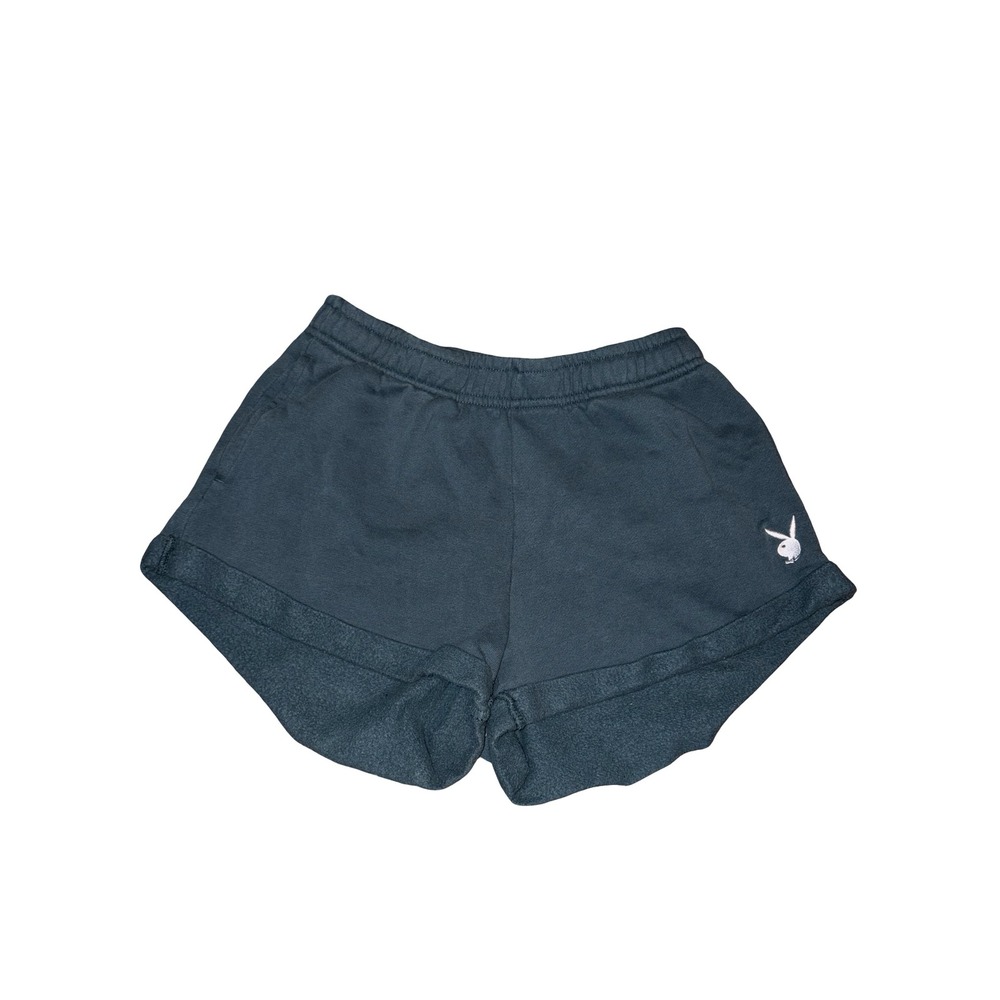 Playboy by PacSun Womens Teal Blue Fleece Sweat Shorts Embroidered‎ Bunny Logo S